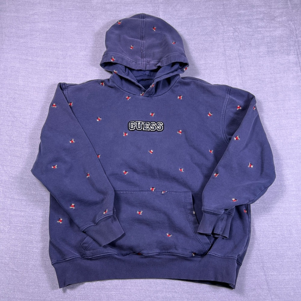 Guess Bear All Over Print Embroidered Logo Hoodie Mens Size Large Blue Cotton